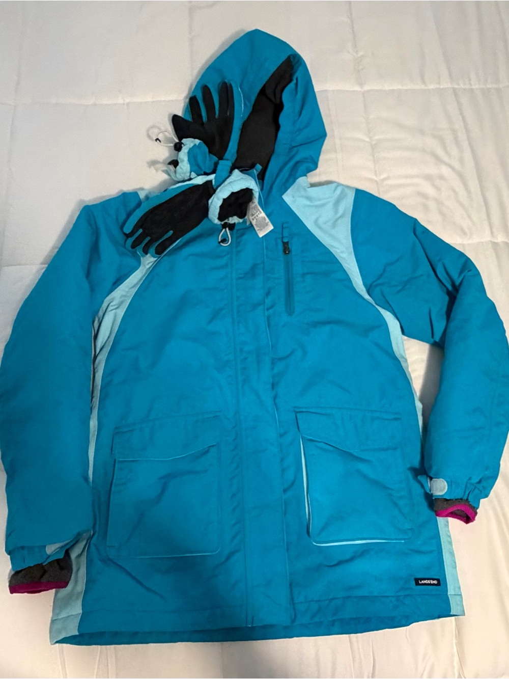 Lands' End Kids Teal and Light Blue Hooded Ski Parka Jacket